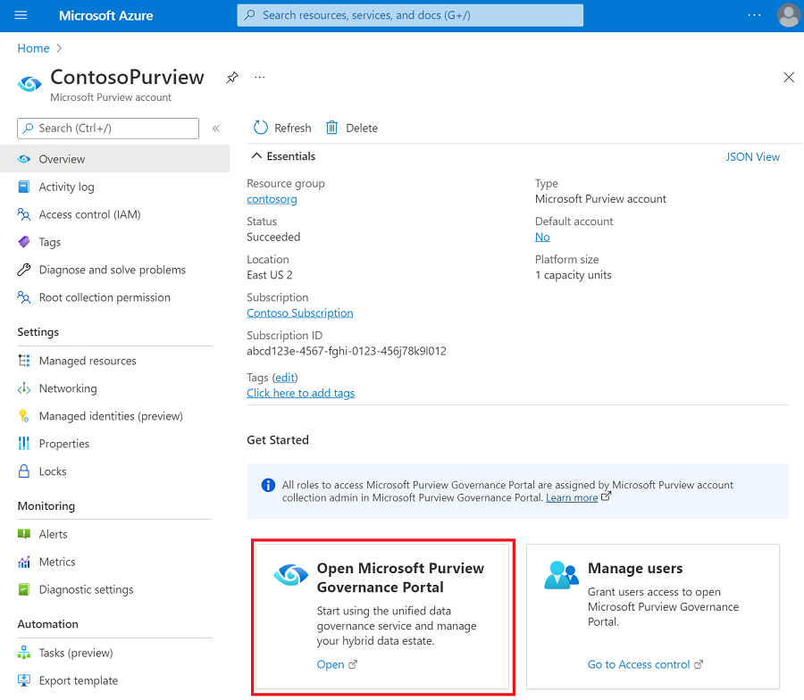 Azure portalの Microsoft Purview ウィンドウのスクリーンショット。Microsoft Purview ガバナンス ポータル ボタンが強調表示されています。