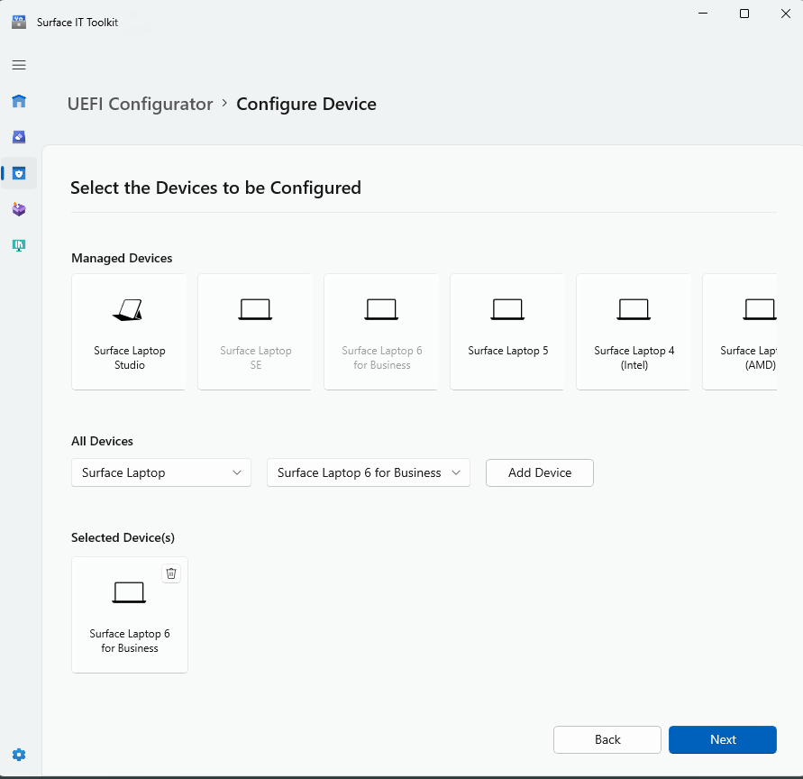 UEFI 構成のデバイス選択のスクリーンショット。