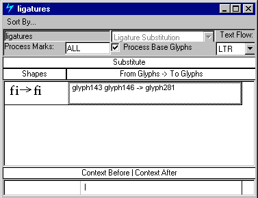 Screenshot of the ligatures window with a substitution of f and i glyphs by the ligature f i glyph.