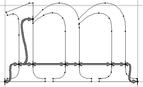 Screenshot showing an outline the letter m with control points. Arrows indicate links between points in each stem and between points on adjacent stems.