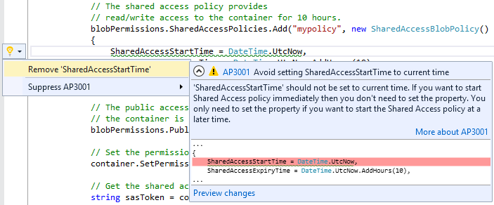 Azure パッケージ用の Code Analysis の例