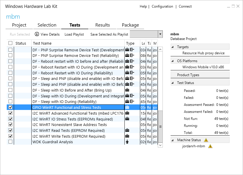 [テスト] タブを示す Windows ハードウェア ラボ キットのスクリーンショット。[G P I O Win R T 機能テストとストレス テスト] オプションが選択されています。