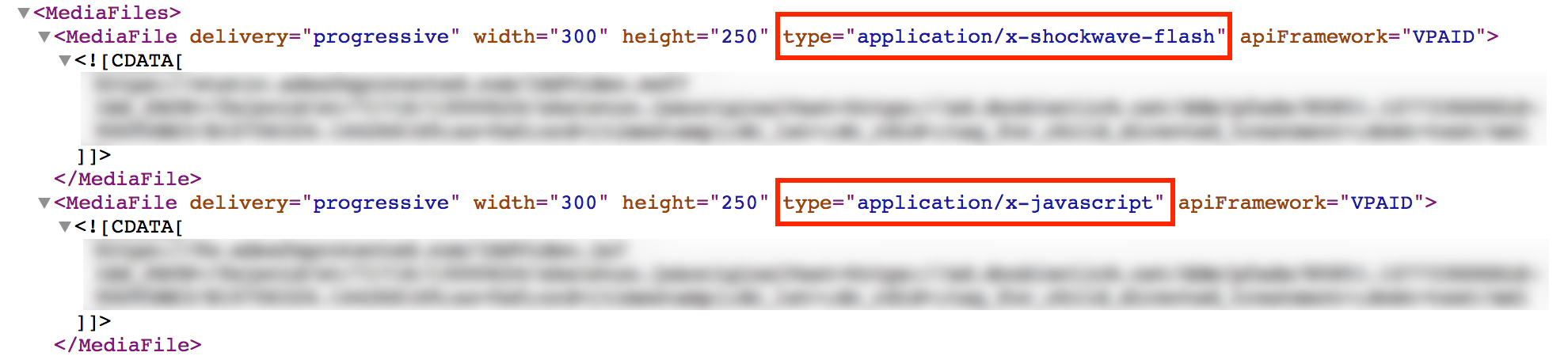 推奨される VPAID 形式のサンプル XML を示すスクリーンショット。