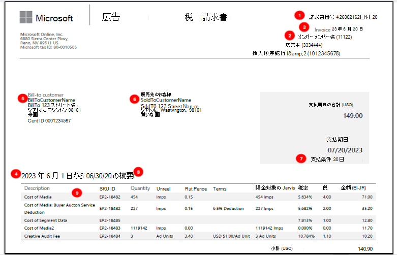 このスクリーンショットは、Microsoft Advertising の請求書に対する変更の概要を示しており、Microsoft Advertising と契約を結んだ投資顧客の税請求書に関連する更新が強調表示されています。