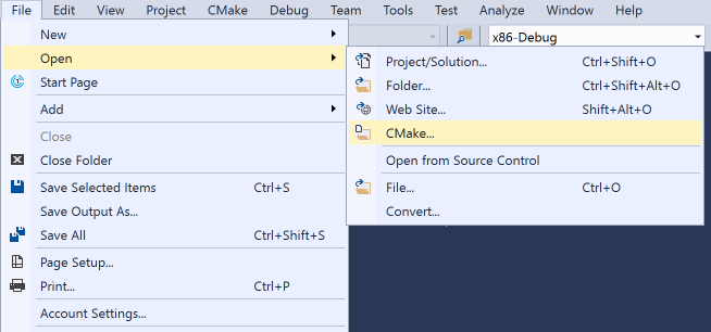 Screenshot of the Visual Studio main menu with C Make selected.