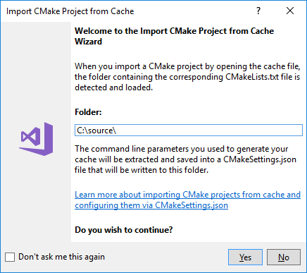 Screenshot of the Import C Make Project from Cache wizard. The directory path of the C Make project to import goes in the folder textbox.