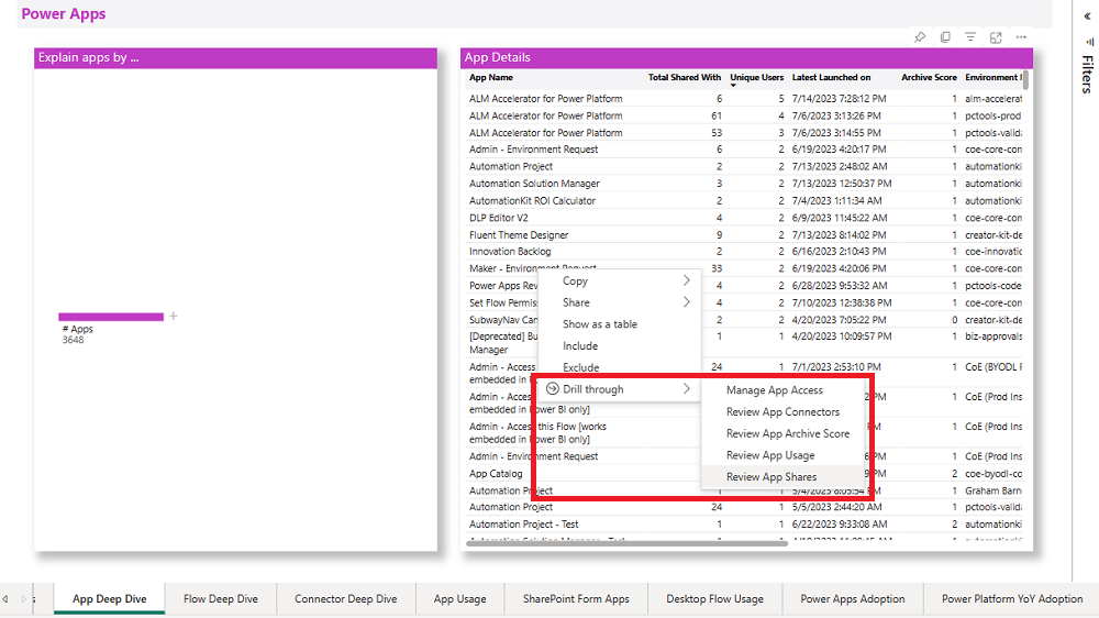 Drill through to app details.