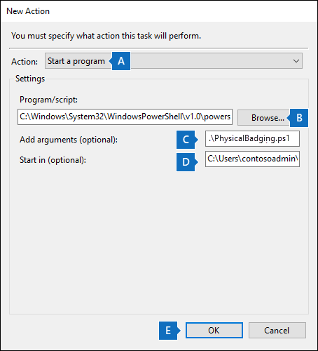 Action settings to create a new scheduled task for the physical badging connector script.