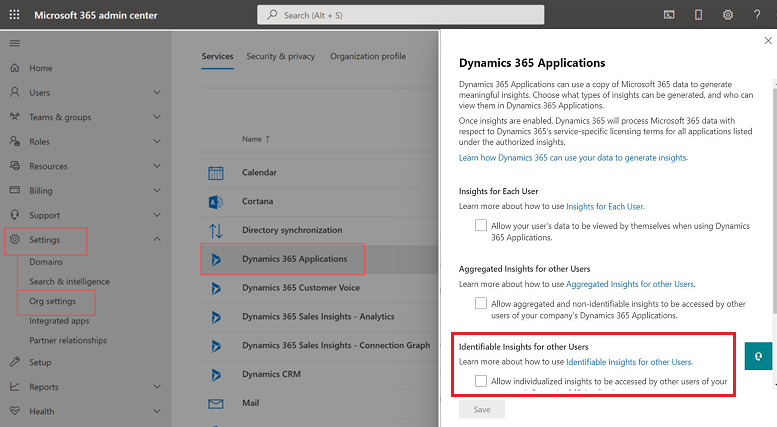 Dynamics 365 қолданбаларының келісім пішіні көрсетілген Microsoft 365 басқару орталығының Ұйым параметрлерінің скриншоты.