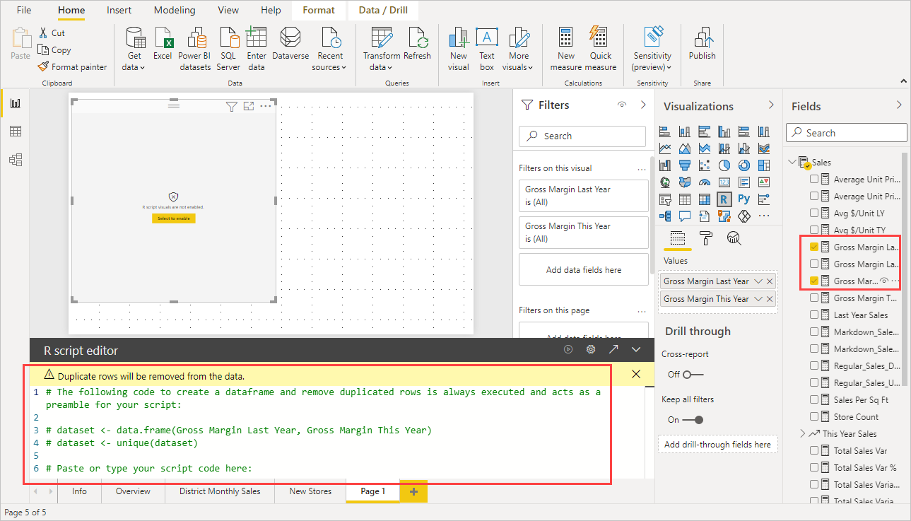 Screenshot of the Visualization pane, showing a blank R visual with script in the R script editor.