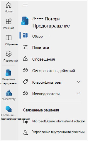 Навигация слева на портале Microsoft Purview.