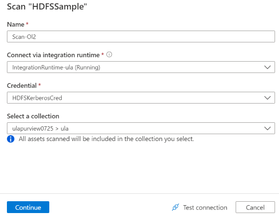 Снимок экрана: конфигурации проверки HDFS в Purview.