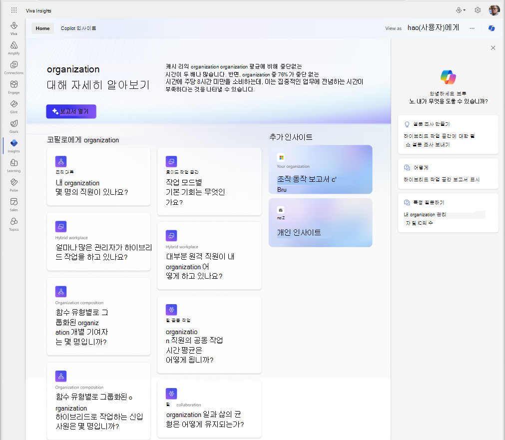 organization 인사이트에 대한 보고서를 보여 주는 스크린샷