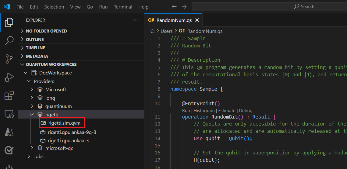 Rigetti 시뮬레이터 target를 로 선택하는 방법을 보여 주는 Visual Studio Code의 스크린샷