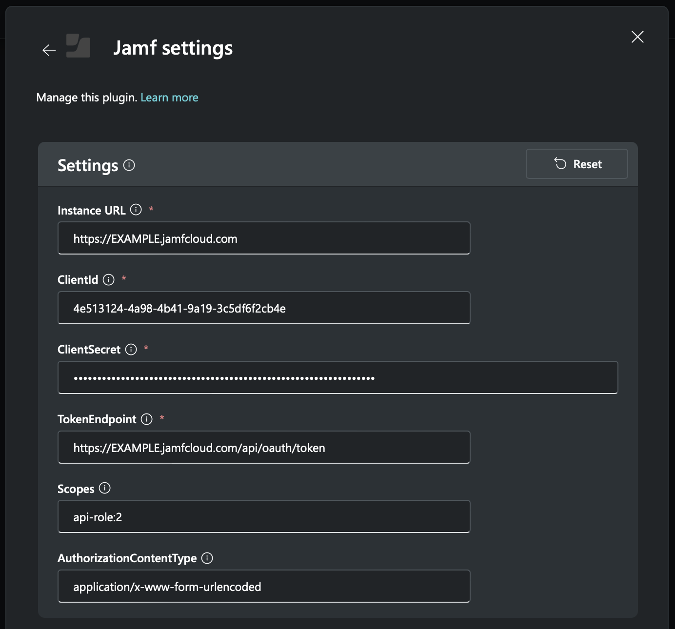 Security Copilot 플러그 인을 채우기 위해 Jamf 설정을 파종하는 스크린샷.