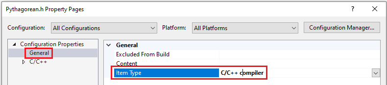 항목 종류를 C/C++ 컴파일러로 변경하는 것을 보여 주는 스크린샷