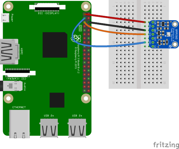 Raspberry Pi에서 BME280 브레이크아웃 보드로 연결한 것을 보여 주는 Fritzing 다이어그램