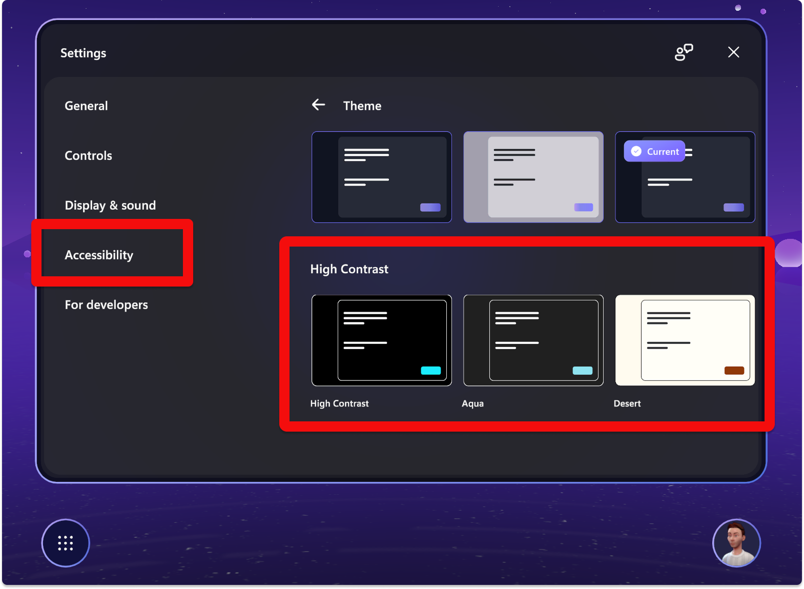 Microsoft Mesh의 고대비 접근성 기능 스크린샷