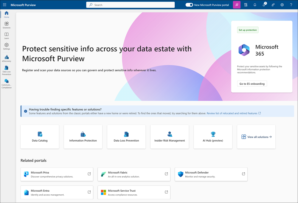 Microsoft Purview 포털 홈페이지.