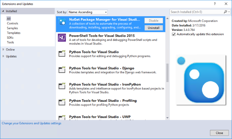 Visual Studio IDE에서 확장에 대한 자동 업데이트