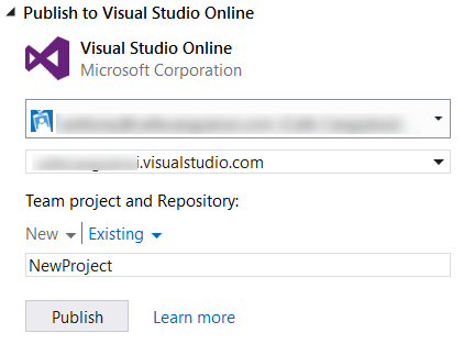 Visual Studio Online에 게시 대화 상자