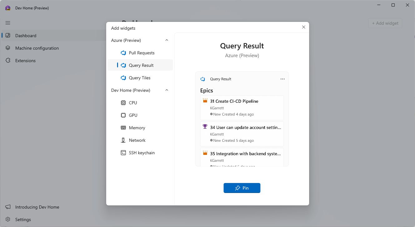Query Result라는 Azure 위젯이 Dev Home에서 Epic 및 User Story를 포함한 DevOp 항목을 보여주는 스크린샷