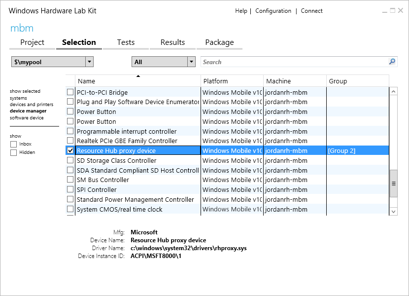 Resource Hub 프록시 디바이스 옵션이 선택된 선택 탭을 보여 주는 Windows 하드웨어 랩 키트의 스크린샷.