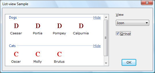 목록 보기 컨트롤의, 한 그룹에는 개, 다른 그룹에는 고양이가 있는