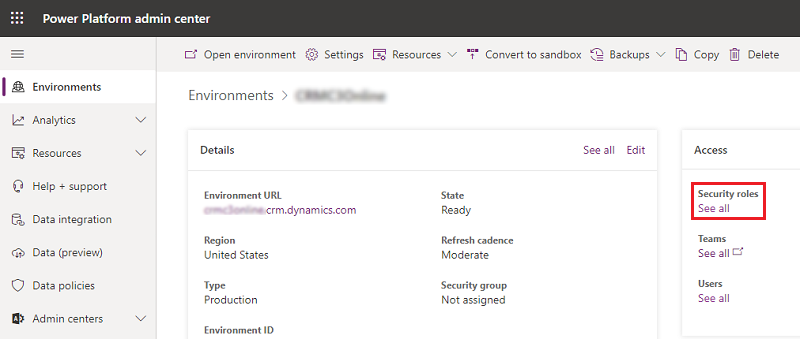 Parinkties peržiūrėti visus saugos vaidmenis Power Platform administravimo centre ekrano nuotrauka.