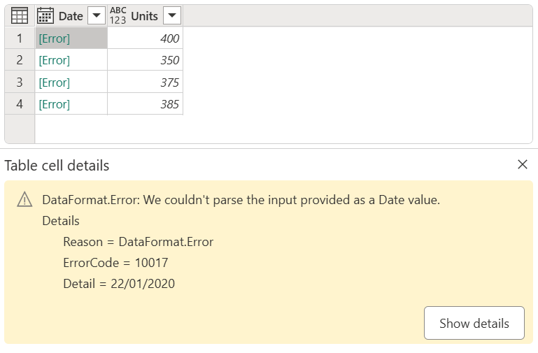 Screenshot of the data type conversion error.