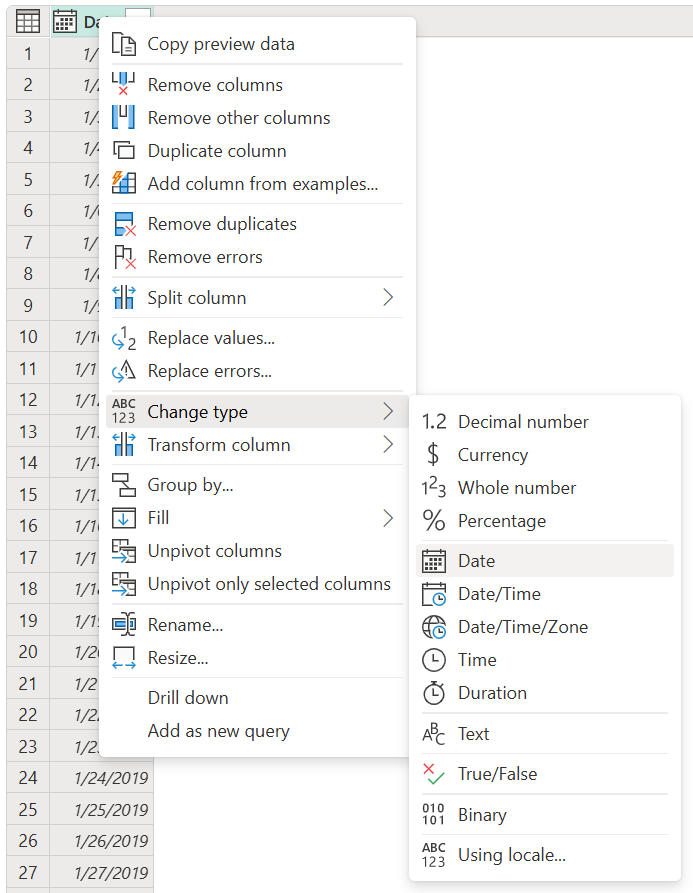 Screenshot of the change type command on the column shortcut menu.