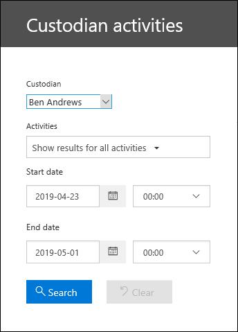 Custodian activities search page.