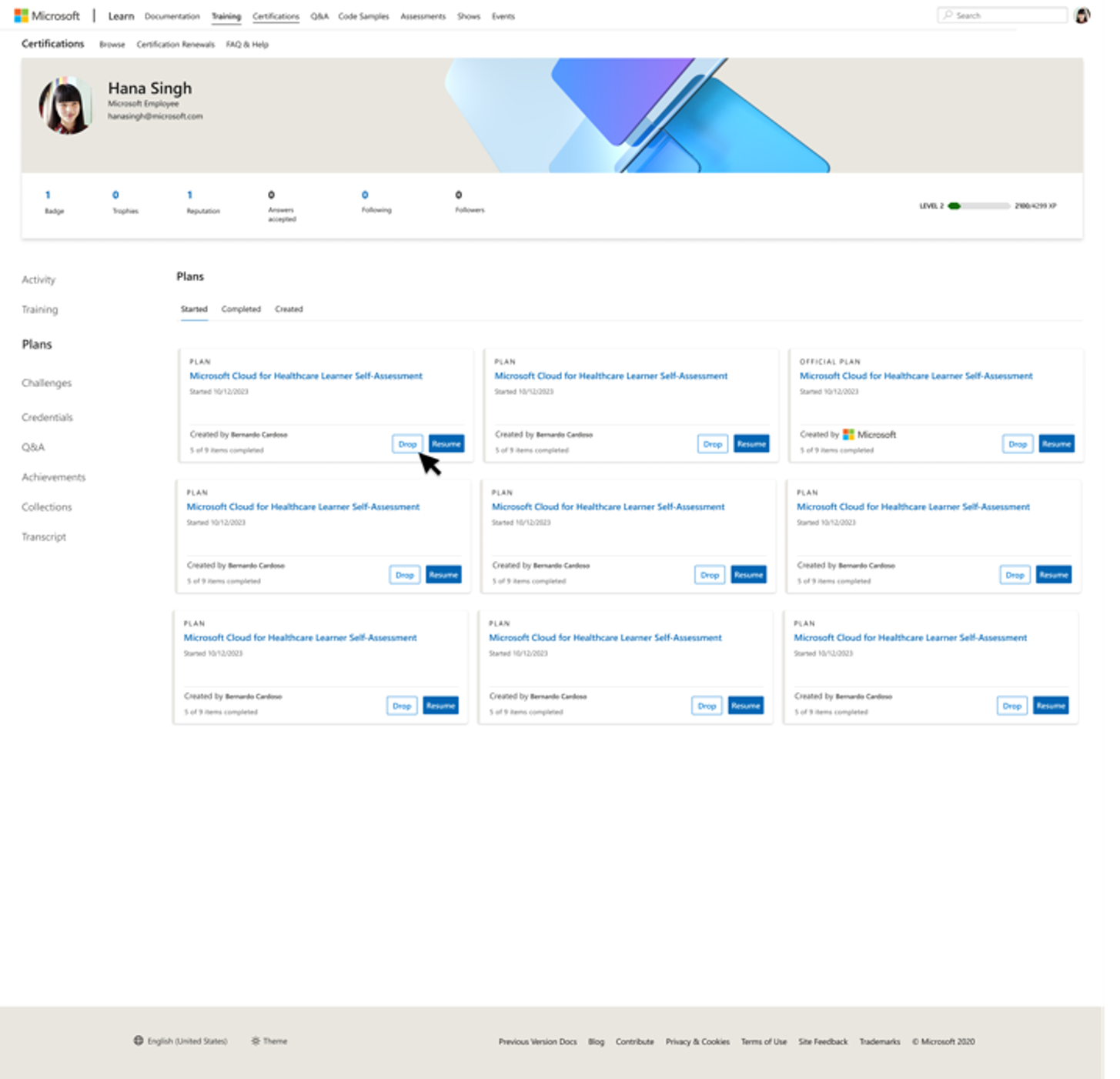 Screenshot of the plans section in the Learn user profile showing how to Drop a plan by clicking the Drop button in the plan