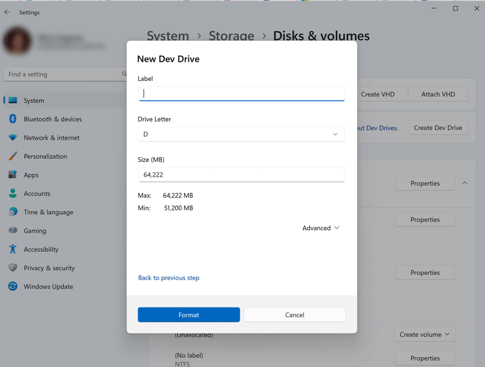 Screenshot of Dev Drive label, drive letter, and size settings