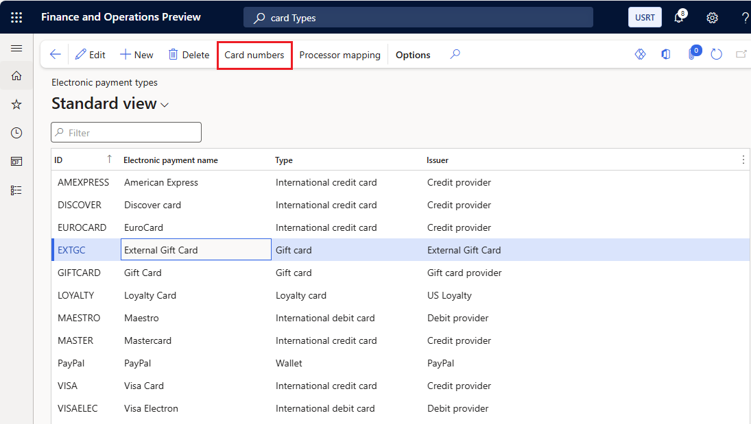 Card types form with Card numbers selected