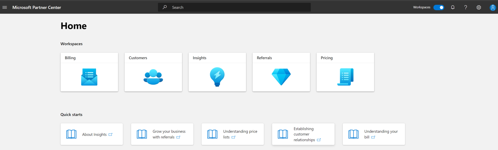 Screenshot showing the Partner Center user interface, including individual workspace tiles.