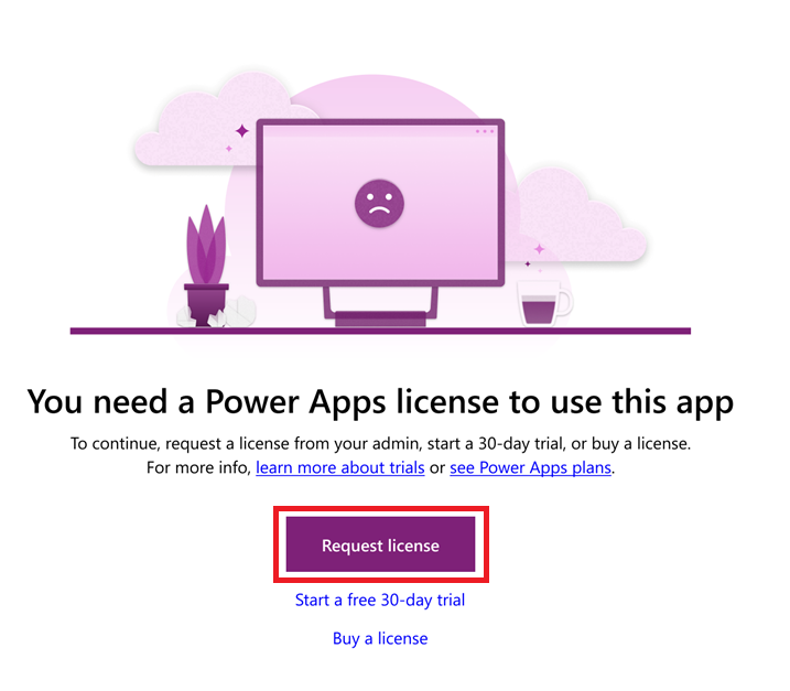 Pieprasiet licenci no administratora Power Apps .