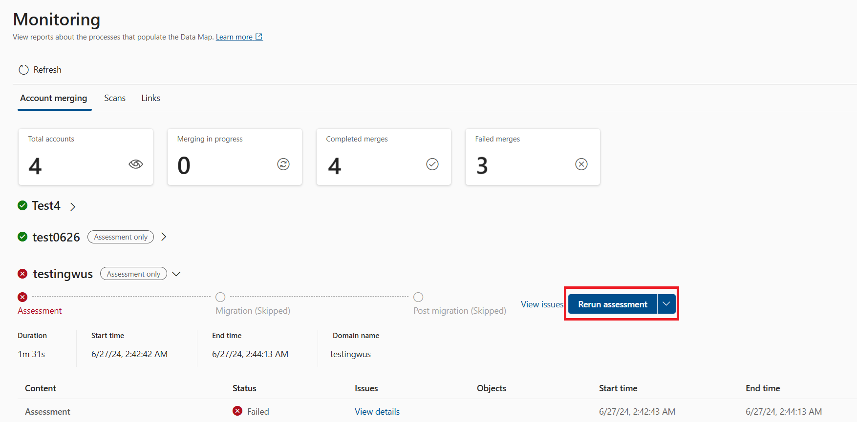 Screenshot the options to rerun assessment or rerun and merge.