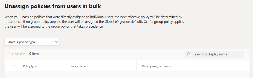 Unassign policies in bulk page in the Teams admin center.