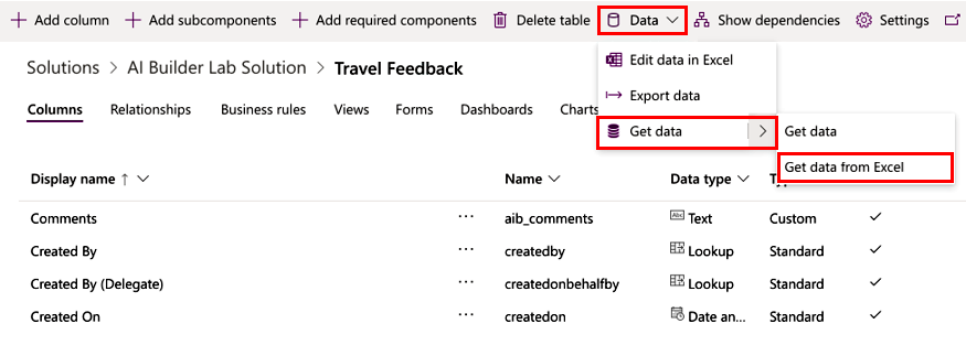 Skjermbilde av skjermbildet Tilbakemelding på reise med importalternativ for å hente data fra Excel.