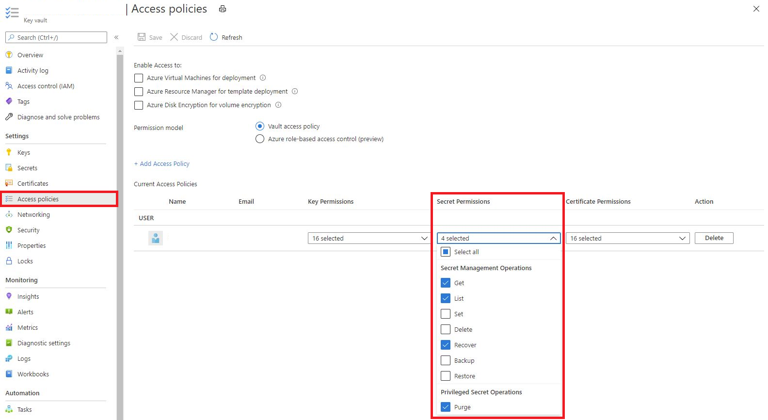 In the left navigation pane, Access policies is highlighted. On Access policies, the Secret Positions drop-down list is shown, and four items are selected: Get, List, Recover, and Purge.