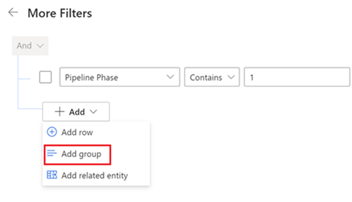 Skjermbilde av alternativet Legg til gruppe i panelet Flere filtre.