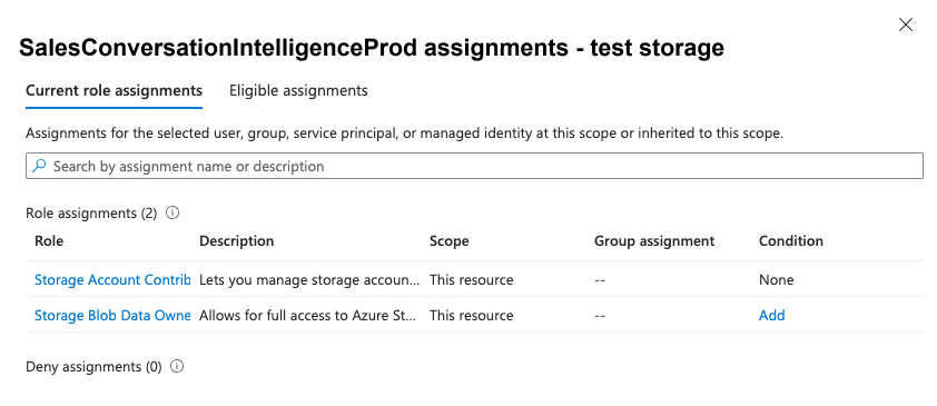 Skjermbilde av rolletildelingsfanen med rollene tildelt for SalesInsightsWebApp i Azure-portalen