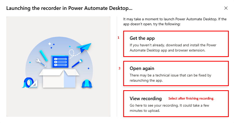 Skjermbilde av skjermbildet Starte opptakeren i Power Automate Desktop.