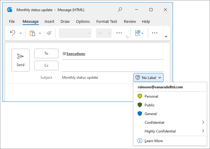 Sensitivity labels on the Outlook Subject line.