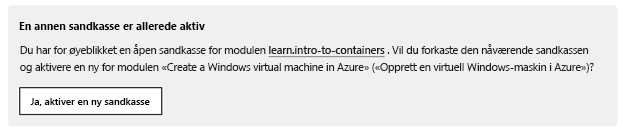 Varsling om at en annen sandkasse er aktiv, med en knapp for aktivering av en ny sandkasse.