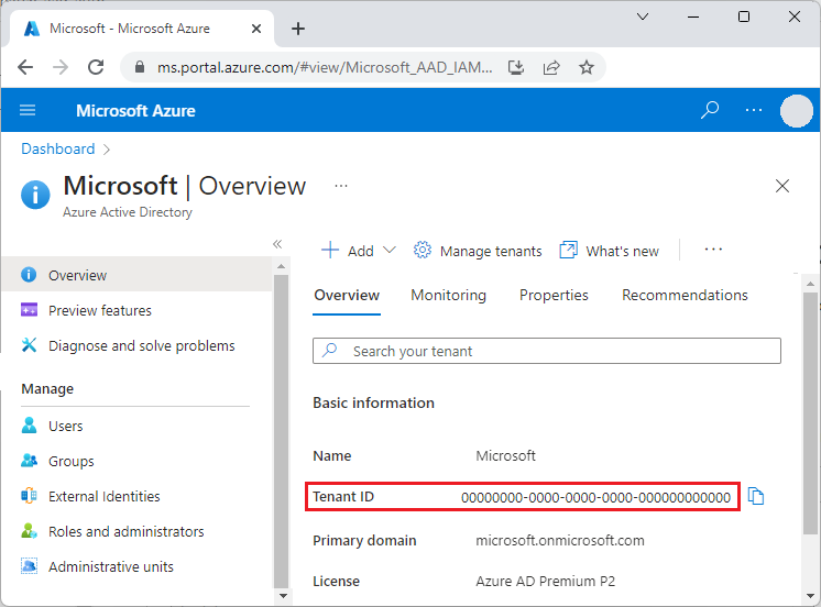 Schermopname van de tenant-id in Azure Portal.