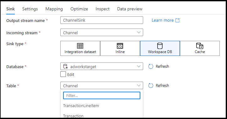 Schermopname van de geselecteerde werkruimtedatabase.