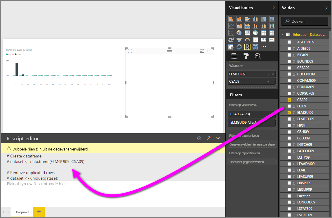 Schermopname van het deelvenster Visualisatie, met een lege R-visualisatie met script in de R-scripteditor.