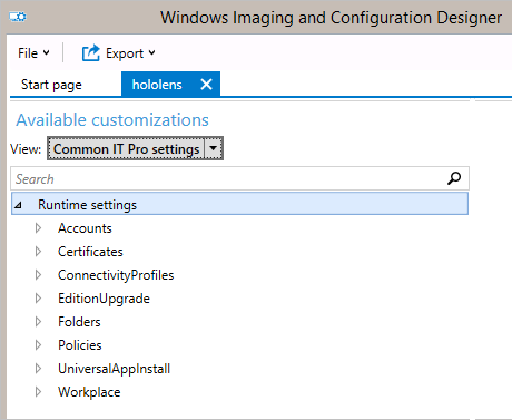 Algemene runtime-instellingen voor HoloLens.